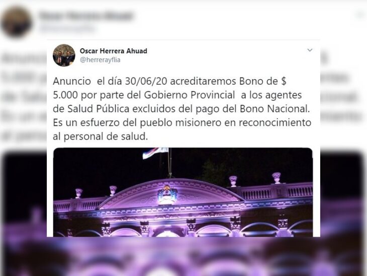 Coronavirus: Oscar Herrera Ahuad anunció un bono de $5000 para el personal de salud provincial
