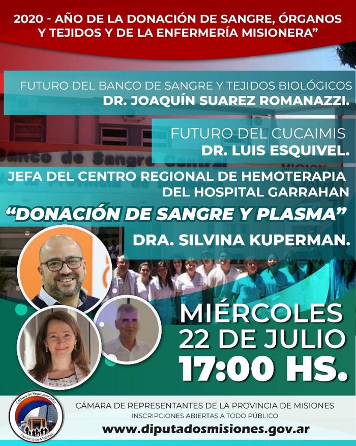 Enfermería misionera y donación de sangre, órganos y tejidos son los temas que se abordarán en las próximas videoconferencias de la Legislatura