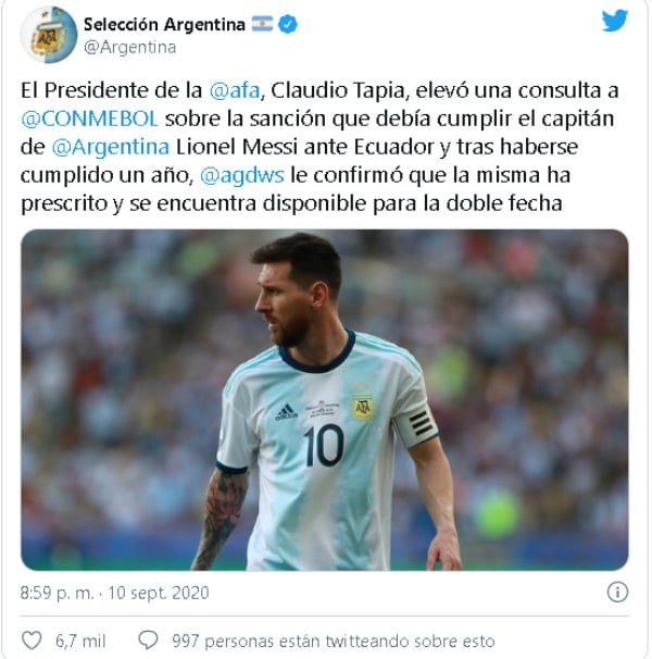 La Conmebol levantó la sanción a Lionel Messi y podrá jugar las Eliminatorias ante Ecuador en La Bombonera