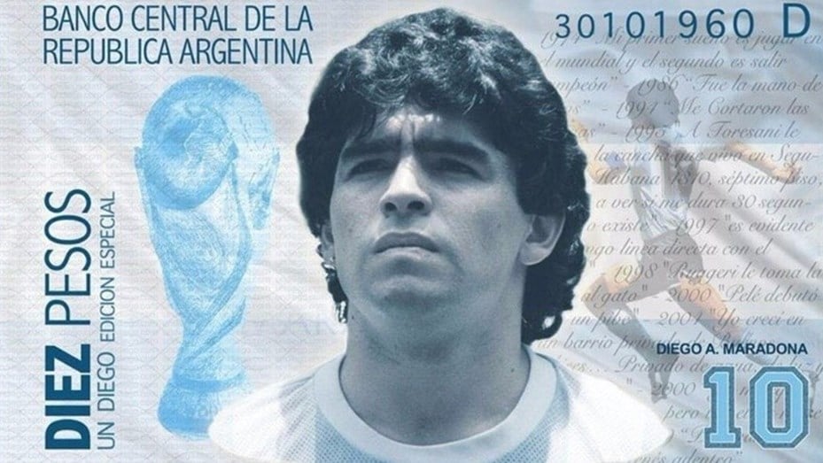 billete de 10 pesos con la imagen de Diego Maradona