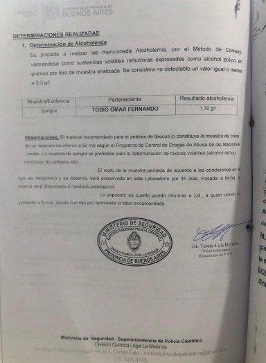 Confirman que Fernando Tobio estaba alcoholizado al momento del choque en el que murió una mujer