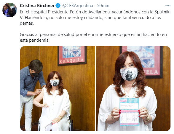 Cristina Kirchner recibió la primera dosis de la vacuna Sputnik V -  MisionesOnline