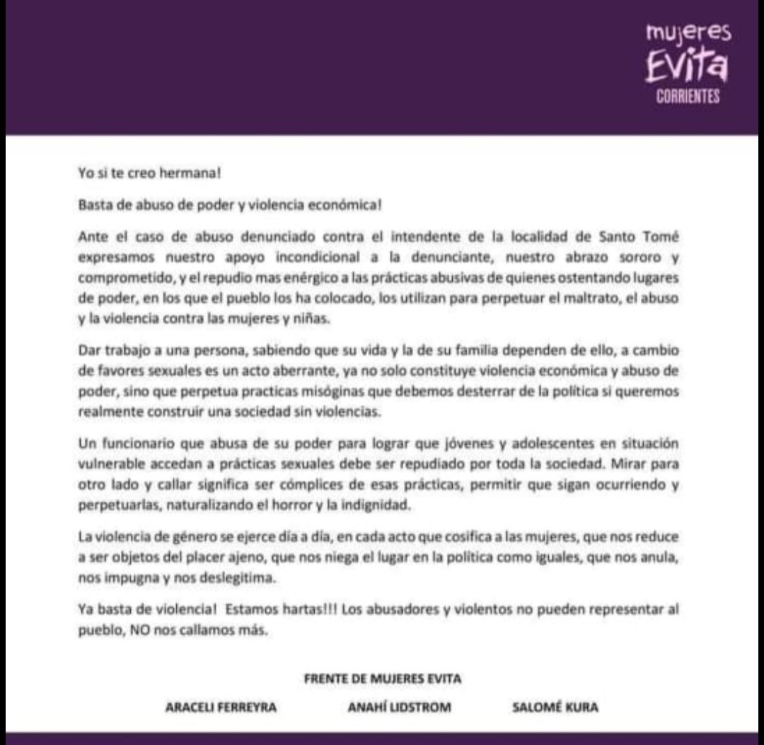 abuso sexual: el comunicado del movimiento "Mujeres Evita Corrientes" solidarizándose con la víctima de Santo Tomé