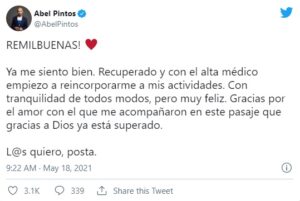 Abel Pintos recibió el alta médica tras superar el coronavirus
