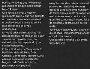 Contundente: la respuesta de un restaurante a una influencer que quiso conseguir una cena gratis