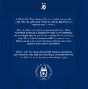 AFA comunicó que enviará al plantel de la Selección argentina a la Copa América Brasil 2021
