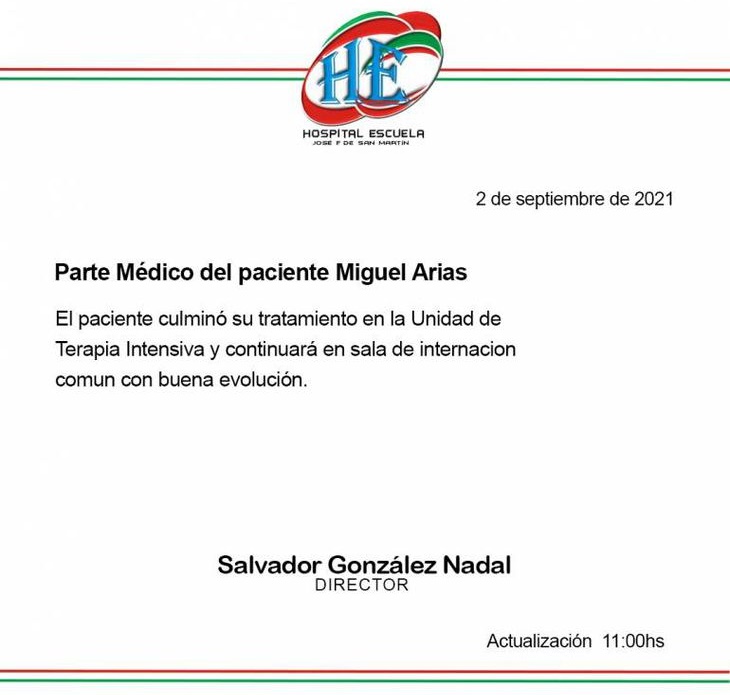 Miguel Arias salió de terapia intensiva