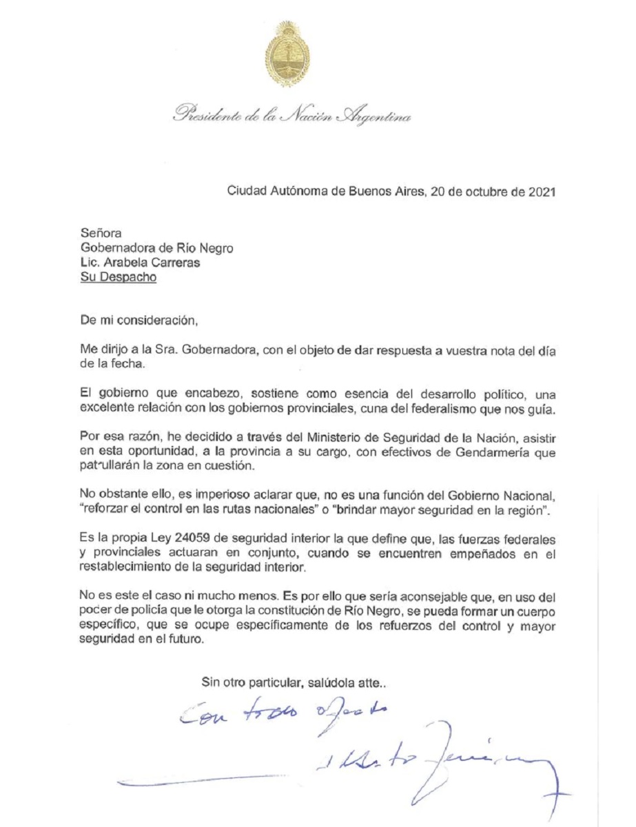 Alberto Fernández le mandó una carta a la gobernadora de Río Negro