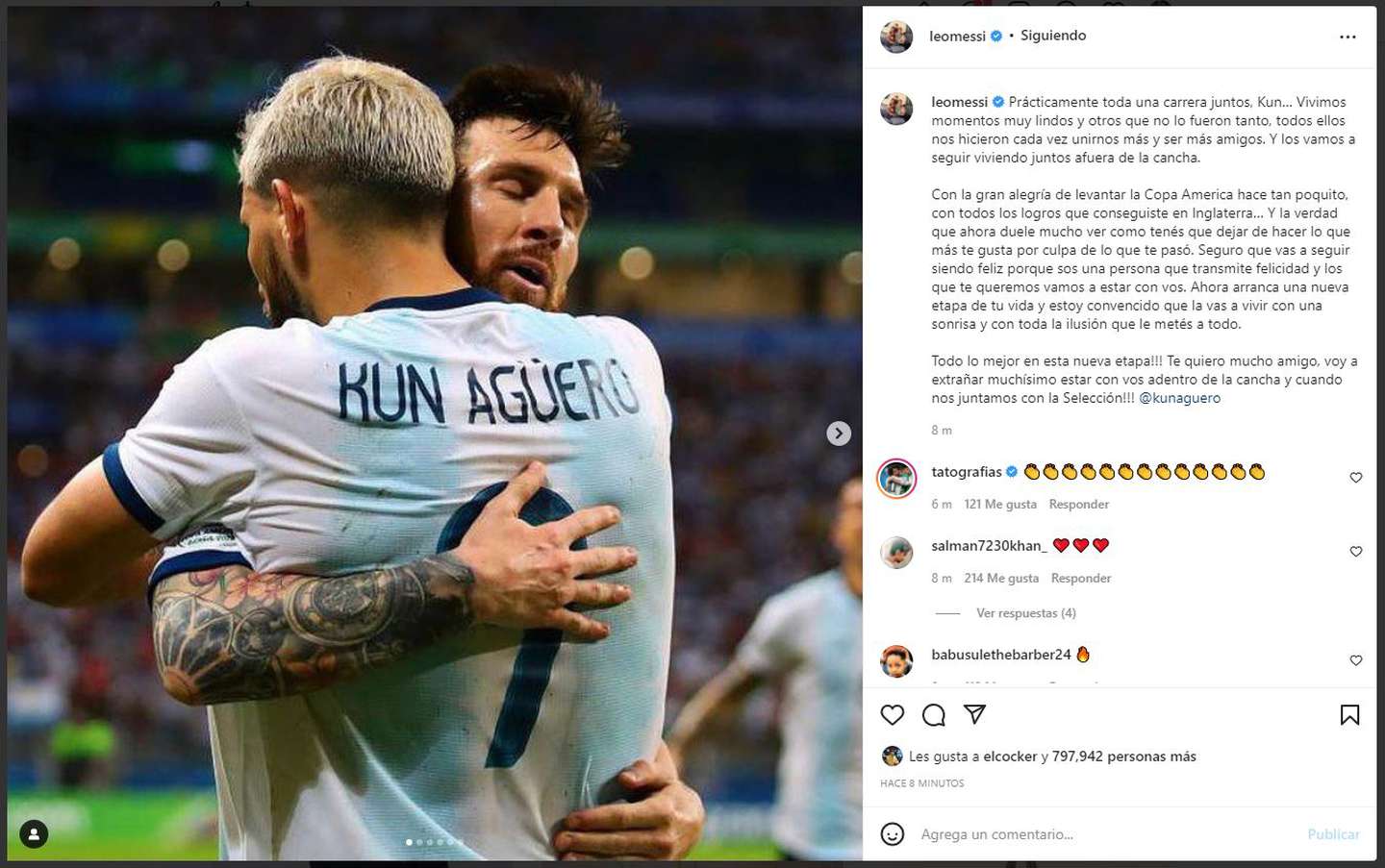 Lionel Messi le dedicó al Kun Agüero una emotiva carta por su retiro: “Duele mucho”