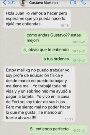chat en el que Gustavo Martínez contaba el calvario que estaba atravesando