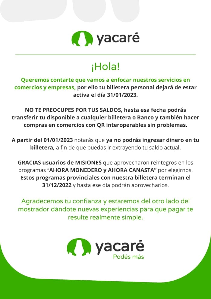 La Billetera Virtual Yacaré dejará de funcionar en enero 
