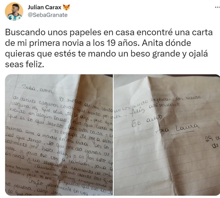 Encontró una carta de su primera novia, la publicó en Twitter y le escribió el actual de ella: “No sabía”