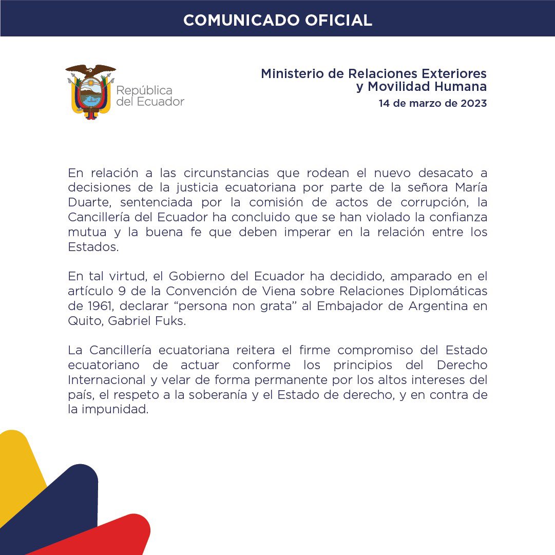 Ecuador expulsó al embajador argentino en Quito por la huida de la exministra de Correa