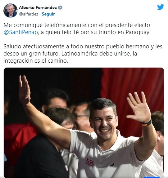 Alberto Fernández felicitó a Santiago Peña 
