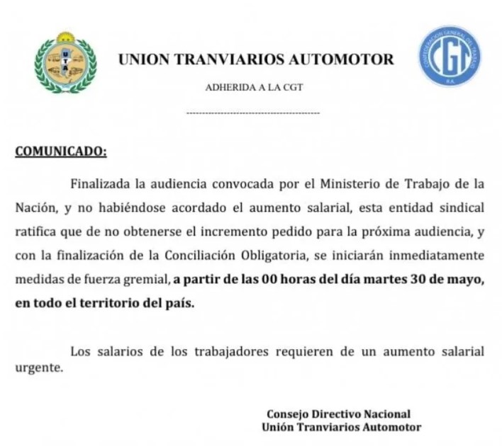El comunicado de la UTA.