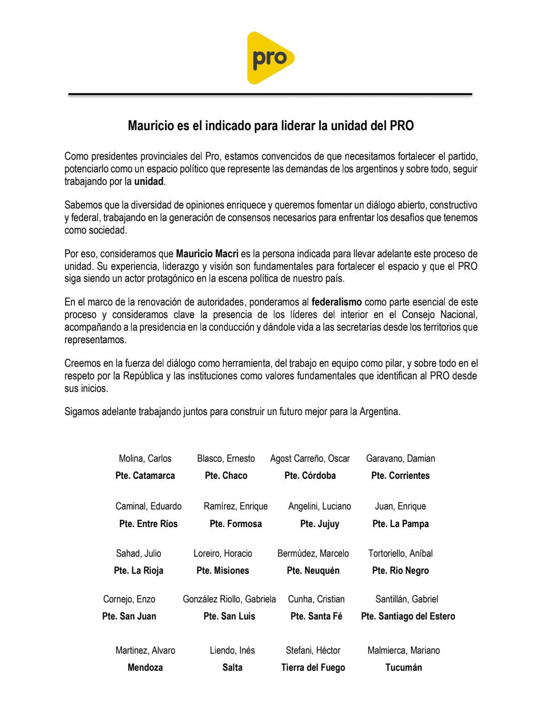 Referentes provinciales de Pro piden que Mauricio Macri reasuma la presidencia del partido en lugar de Patricia Bullrich