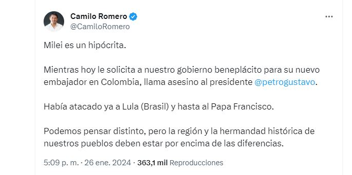 Milei definió a Gustavo Petro como un “comunista asesino que está hundiendo a Colombia”