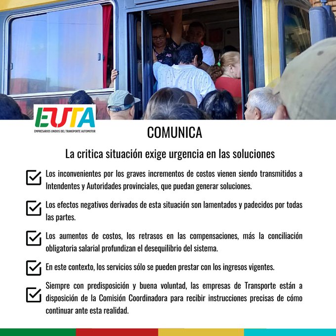 Empresarios del transporte público de Posadas, agrupados en EUTA, expresaron su preocupación por la crisis financiera que atraviesa el servicio. 