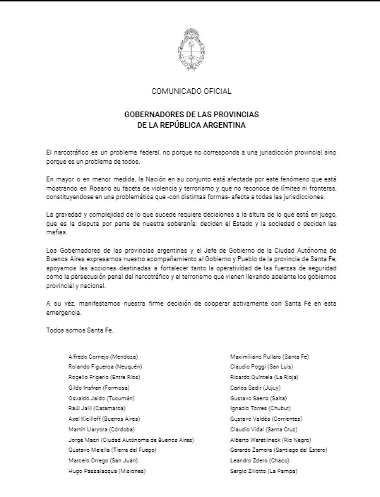 Violencia en Rosario: gobernadores lanzaron comunicado en apoyo a Santa Fe