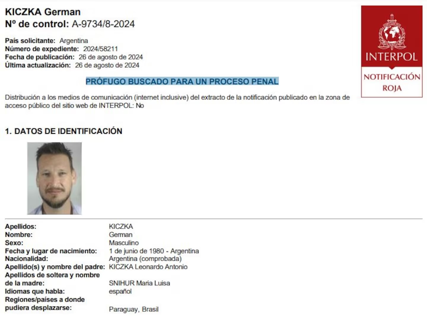 La alerta roja que emitió Interpol.