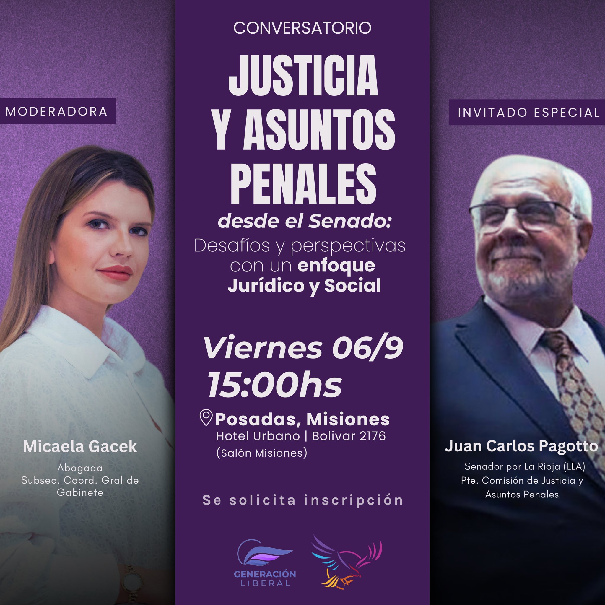 Micaela Gacek y el senador libertario Juan Carlos Pagotto disertarán en Posadas sobre la justicia y asuntos penales 